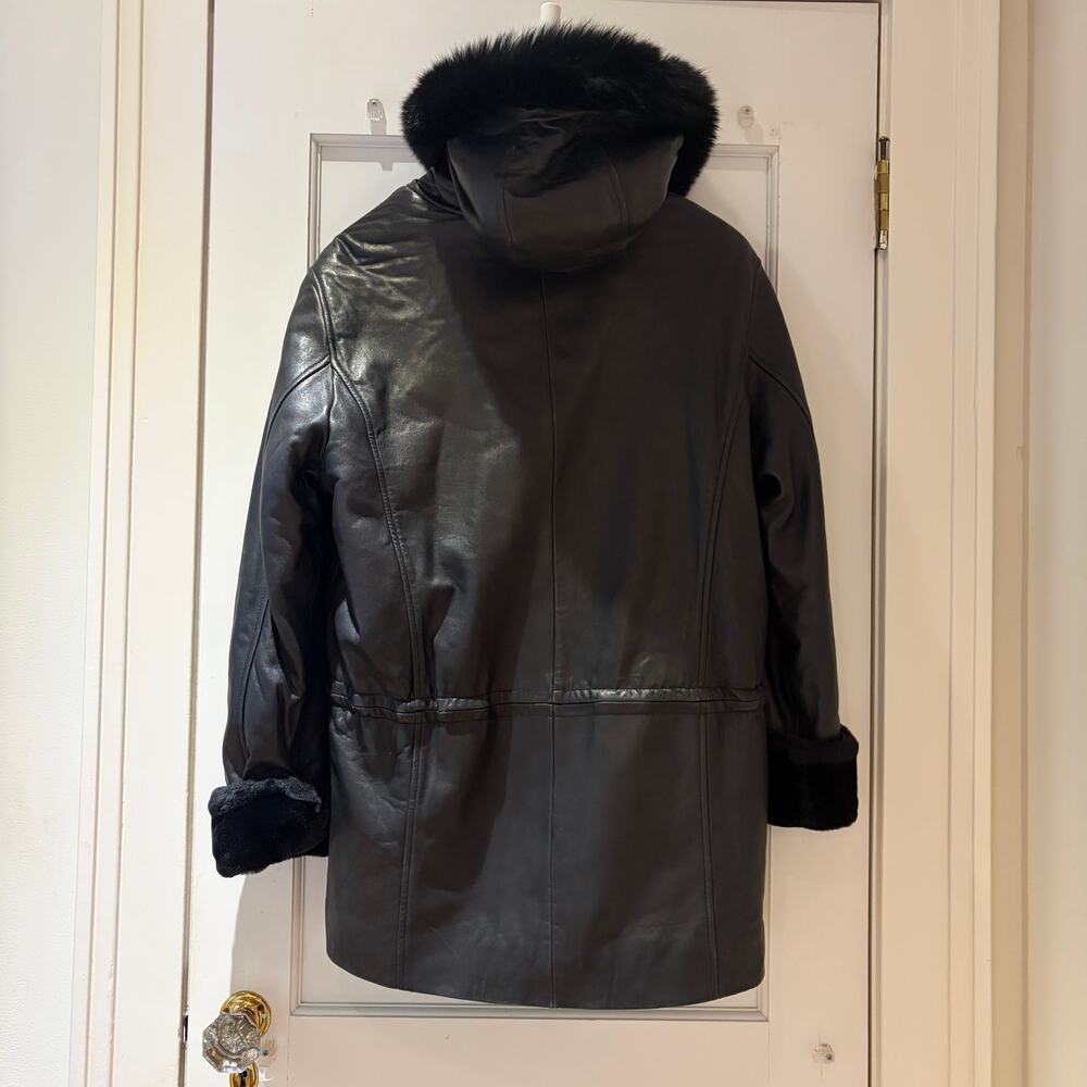 Andrew Marc Leather Coat Mid Length Fox Fur Trim Size Small - Picture 3 of 14